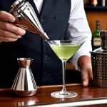 **

A sophisticated home bartender meticulously crafting a classic Martini. Focus on the elegance of the preparation, showcasing the mixing glass, jigger, and strainer. The setting should be a stylish home bar with premium liquor bottles in the background. The overall mood should be refined and classic.

**