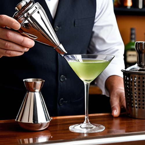 **

A sophisticated home bartender meticulously crafting a classic Martini. Focus on the elegance of the preparation, showcasing the mixing glass, jigger, and strainer. The setting should be a stylish home bar with premium liquor bottles in the background. The overall mood should be refined and classic.

**