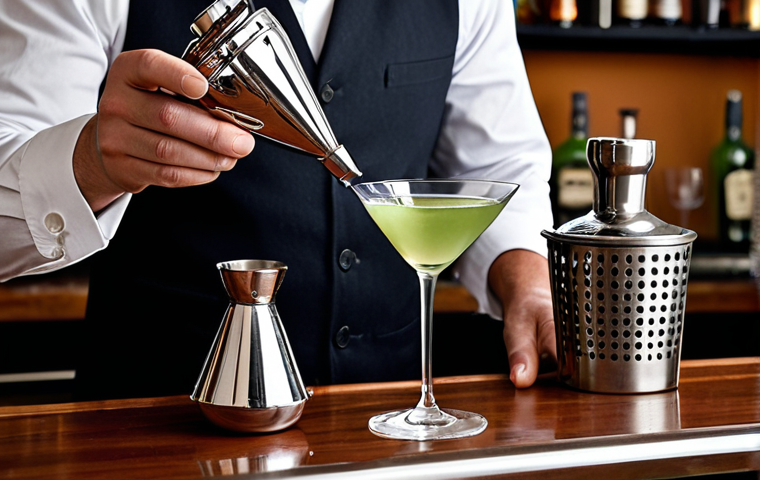 **

A sophisticated home bartender meticulously crafting a classic Martini. Focus on the elegance of the preparation, showcasing the mixing glass, jigger, and strainer. The setting should be a stylish home bar with premium liquor bottles in the background. The overall mood should be refined and classic.

**