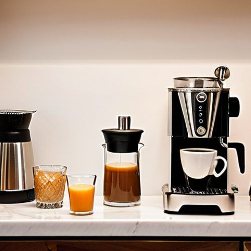 **Home Coffee & Cocktail Sanctuary**: A high-angle shot showcasing a sophisticated home coffee bar and cocktail station. On one side, a sleek semi-automatic espresso machine with a professional burr grinder, with steam rising from a perfectly frothed milk pitcher over a latte art-ready cup. On the other side, an array of premium spirit bottles, fresh citrus, and elegant bar tools (shaker, jigger, mixing glass) with large, clear ice cubes in a stylish glass. The setting is warm and inviting, with soft ambient lighting, perhaps a touch of natural light filtering in, emphasizing comfort, quality, and personalized luxury. Focus on clean lines and a sense of craft.