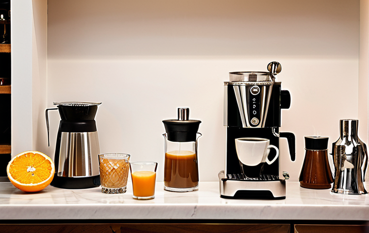 **Home Coffee & Cocktail Sanctuary**: A high-angle shot showcasing a sophisticated home coffee bar and cocktail station. On one side, a sleek semi-automatic espresso machine with a professional burr grinder, with steam rising from a perfectly frothed milk pitcher over a latte art-ready cup. On the other side, an array of premium spirit bottles, fresh citrus, and elegant bar tools (shaker, jigger, mixing glass) with large, clear ice cubes in a stylish glass. The setting is warm and inviting, with soft ambient lighting, perhaps a touch of natural light filtering in, emphasizing comfort, quality, and personalized luxury. Focus on clean lines and a sense of craft.