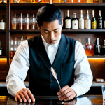 A professional male bartender, fully clothed in a modest, dark uniform, meticulously stirring a cocktail in a heavy Yarai mixing glass with a long spiral bar spoon. He stands behind an elegant, minimalist wooden bar with soft, ambient lighting. A perfectly clear, large ice cube is visible in the mixing glass, surrounded by high-quality Japanese spirit bottles on clean, organized shelves in the background. The scene emphasizes precision, calm focus, and professional skill. perfect anatomy, correct proportions, natural pose, well-formed hands, proper finger count, natural body proportions, safe for work, appropriate content, professional, high quality photography.