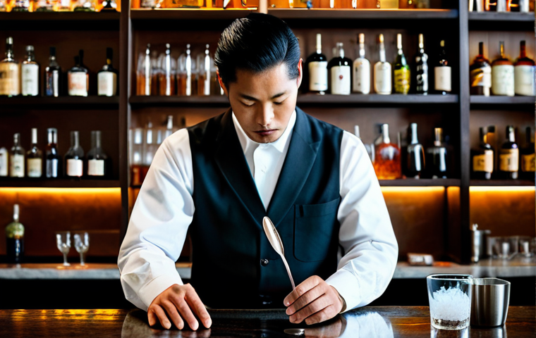 A professional male bartender, fully clothed in a modest, dark uniform, meticulously stirring a cocktail in a heavy Yarai mixing glass with a long spiral bar spoon. He stands behind an elegant, minimalist wooden bar with soft, ambient lighting. A perfectly clear, large ice cube is visible in the mixing glass, surrounded by high-quality Japanese spirit bottles on clean, organized shelves in the background. The scene emphasizes precision, calm focus, and professional skill. perfect anatomy, correct proportions, natural pose, well-formed hands, proper finger count, natural body proportions, safe for work, appropriate content, professional, high quality photography.