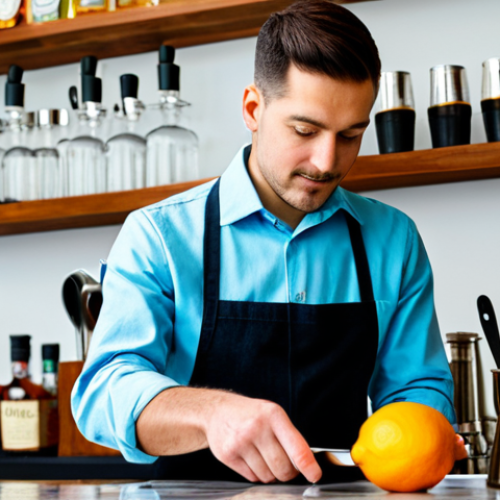 A skilled male home bartender, mid-shot, precisely measuring ingredients for a cocktail using a jigger. He is wearing a smart, modest collared shirt and a simple apron, depicting professional dress. He stands behind a clean, well-organized home bar counter with essential bar tools like a Boston shaker and bar spoon neatly arranged. Fresh citrus fruits and a generic bottle of spirit are visible. The background is a modern, tastefully decorated home space with soft ambient lighting. Perfect anatomy, correct proportions, natural pose, well-formed hands, proper finger count, natural body proportions, high-quality photography, sharp focus, vibrant colors, safe for work, appropriate content, fully clothed, professional, family-friendly.
