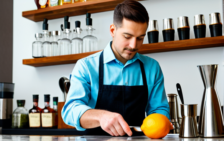 A skilled male home bartender, mid-shot, precisely measuring ingredients for a cocktail using a jigger. He is wearing a smart, modest collared shirt and a simple apron, depicting professional dress. He stands behind a clean, well-organized home bar counter with essential bar tools like a Boston shaker and bar spoon neatly arranged. Fresh citrus fruits and a generic bottle of spirit are visible. The background is a modern, tastefully decorated home space with soft ambient lighting. Perfect anatomy, correct proportions, natural pose, well-formed hands, proper finger count, natural body proportions, high-quality photography, sharp focus, vibrant colors, safe for work, appropriate content, fully clothed, professional, family-friendly.