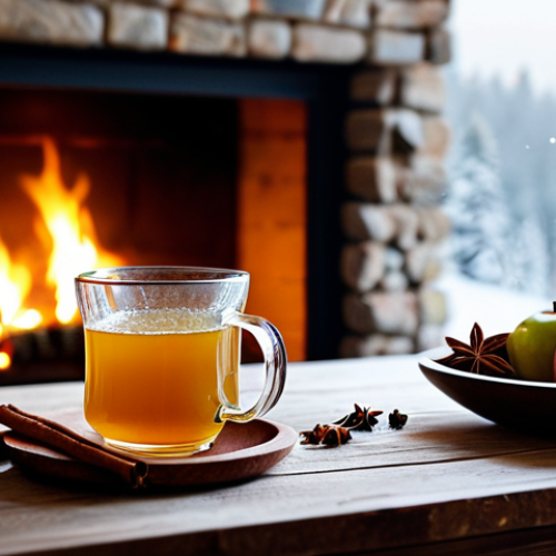 Spiced Apple Toddy by the Fire**

"A warm and inviting scene of a Spiced Apple Toddy, safe for work, placed on a rustic wooden table next to a crackling fireplace. The Toddy is in a clear glass mug, garnished with a cinnamon stick and star anise. Soft, golden light illuminates the scene, creating a cozy and family-friendly atmosphere. In the background, a snow-covered landscape is visible through a window. fully clothed, perfect anatomy, natural proportions, professional photography, high quality, appropriate content, modest, professional."

**