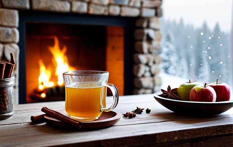Spiced Apple Toddy by the Fire**

"A warm and inviting scene of a Spiced Apple Toddy, safe for work, placed on a rustic wooden table next to a crackling fireplace. The Toddy is in a clear glass mug, garnished with a cinnamon stick and star anise. Soft, golden light illuminates the scene, creating a cozy and family-friendly atmosphere. In the background, a snow-covered landscape is visible through a window. fully clothed, perfect anatomy, natural proportions, professional photography, high quality, appropriate content, modest, professional."

**
