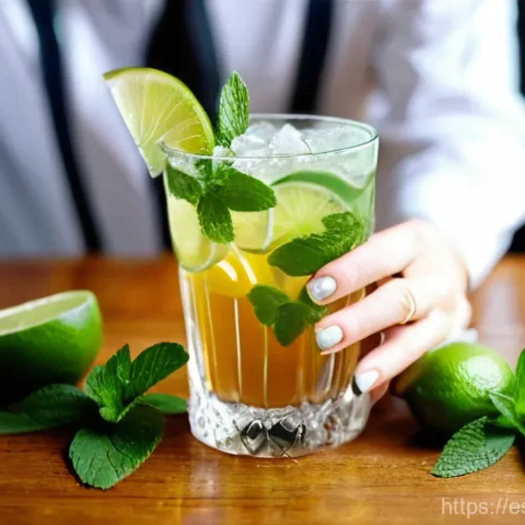 홈바텐더 허브 칵테일 - **"A close-up shot of elegant hands, possibly belonging to a woman, gently muddling fresh, vibrant g...