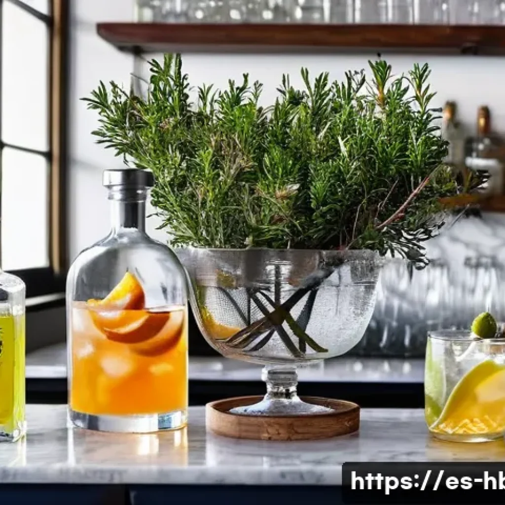 홈바텐더 진 기반 칵테일 - **The Artisan's Home Bar Sanctuary:** A beautifully arranged, sophisticated home bar station. The sc...