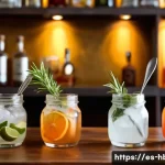 홈바텐더 연말 파티 칵테일 - A stylish home bar setup featuring a variety of basic liquors including vodka, white rum, blanco teq...