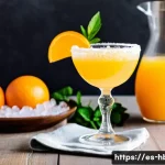 홈바텐더 브런치 칵테일 - A vibrant brunch cocktail scene featuring a crystal glass of mimosa with freshly squeezed orange jui...