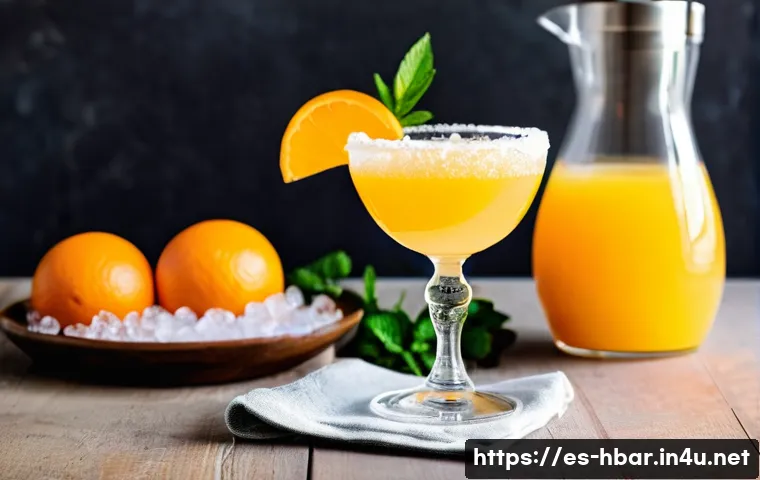 홈바텐더 브런치 칵테일 - A vibrant brunch cocktail scene featuring a crystal glass of mimosa with freshly squeezed orange jui...