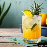 홈바텐더 술 없이 즐기는 칵테일 - A vibrant, refreshing non-alcoholic cocktail served in a tall clear glass filled with large ice cube...