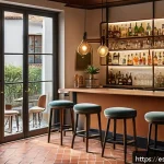 홈바텐더 홈바 인테리어 - A cozy home bar corner set in a small Spanish apartment, featuring a compact wooden bar with solid w...