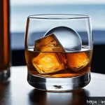 홈바텐더 얼음 종류 및 사용법 - A close-up of a sophisticated cocktail glass filled with a premium whisky on the rocks, featuring a ...
