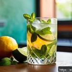 홈바텐더 한식과 어울리는 칵테일 - A vibrant home bar scene showcasing a fresh mojito cocktail with extra lime, served in a tall clear ...