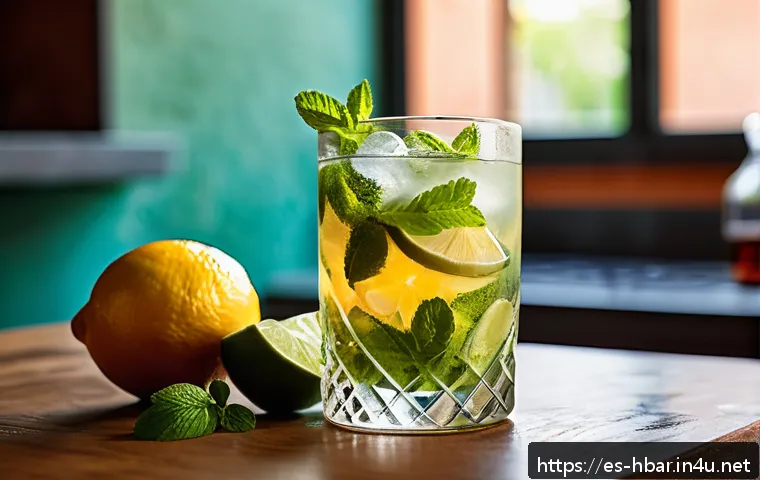 홈바텐더 한식과 어울리는 칵테일 - A vibrant home bar scene showcasing a fresh mojito cocktail with extra lime, served in a tall clear ...