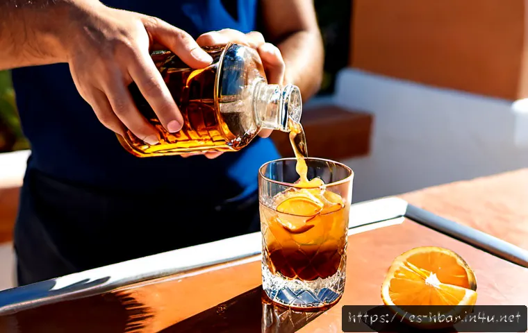 홈바텐더 숙성 칵테일 - Photorealistic Spanish home bar scene, a home bartender’s hands carefully pouring an amber aged cock...