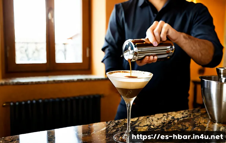 홈바텐더 에스프레소 마티니 - Photorealistic home bartender preparing an espresso martini in a warm Spanish apartment kitchen, adu...