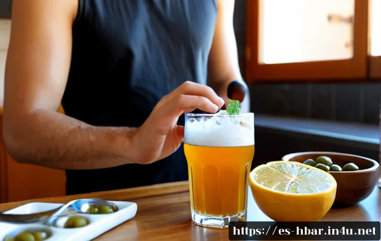 Home 17 홈바텐더 맥주 칵테일 - Photorealistic home bartender preparing a refreshing beer cocktail in a bright Spanish apartment kit...